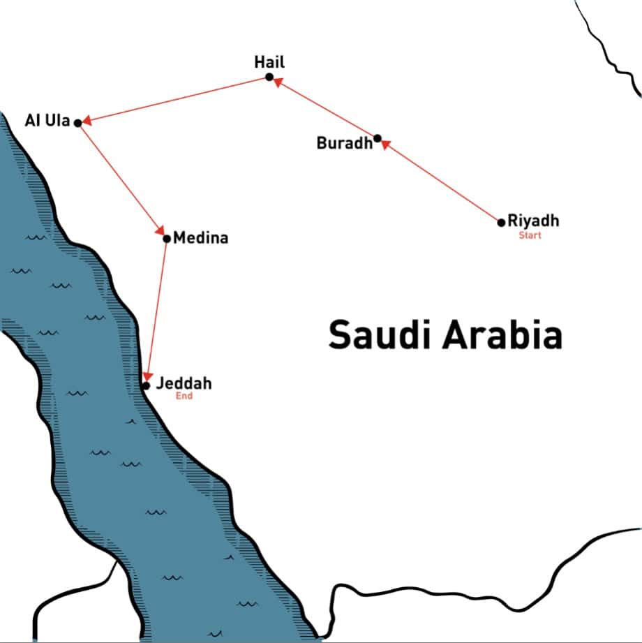 Map showing the route of a Saudi Arabia tour beginning in Riyadh and travelling through Buraydah, Hail, Al Ula, Medina and ending in Jeddah