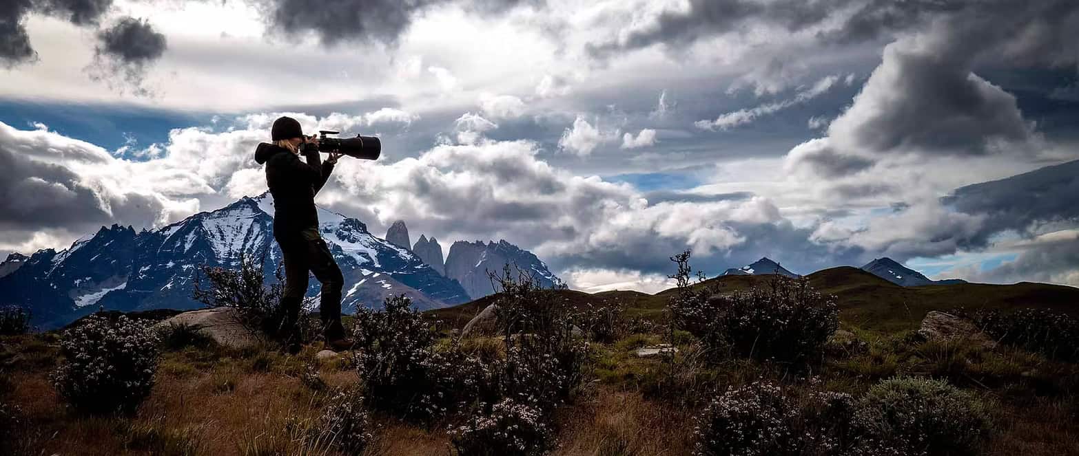 Michelle Valberg photographing the Torres del Paine mountains in Patagonia